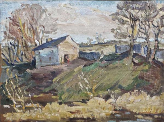 Figures Outside Farmhouse in a Landscape by Diarmuid O'Ceallachain