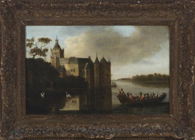 Artwork by Anthonie Jansz. van der Croos, A Landscape Painting of the Castle Montfoort in Utrecht with Figures in the Foreground on a Boat, Made of Oil on canvas