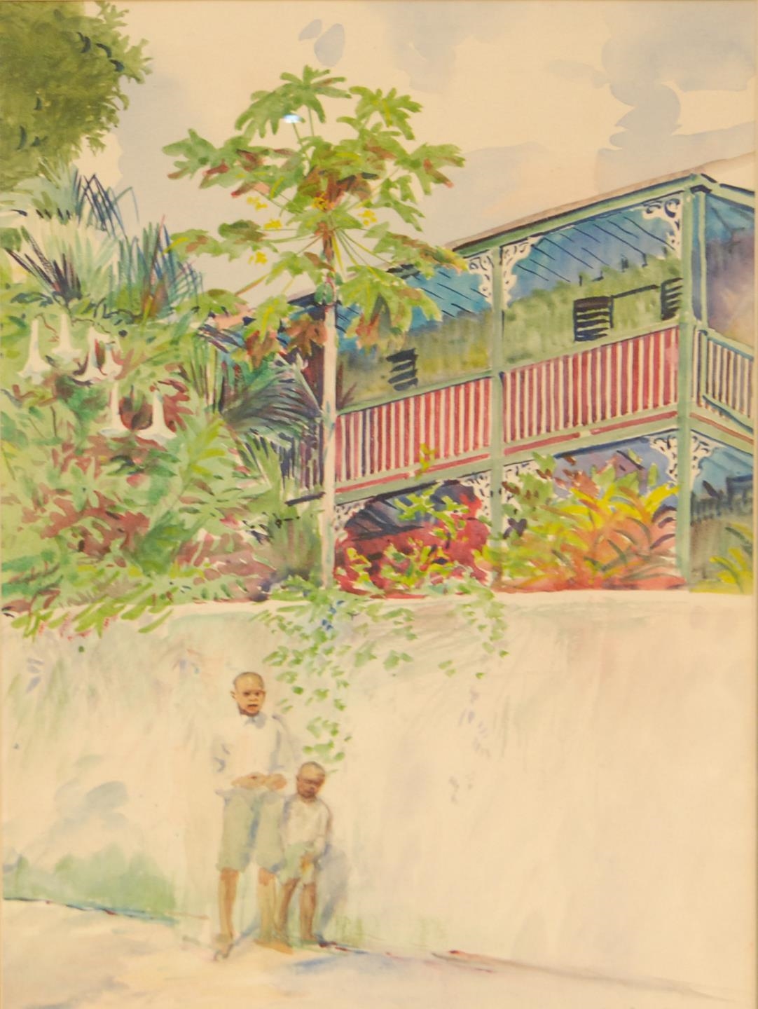 Artwork by Richard Bate, two young boys standing by a wall with tall wooden house to background, Made of watercolor on paper