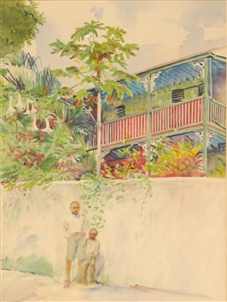 two young boys standing by a wall with tall wooden house to background - Richard Bate