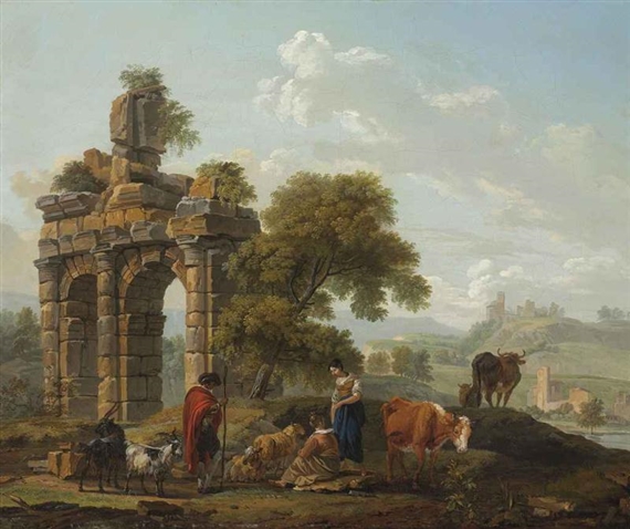 Herders and their cows resting before classical ruins by Michel Duplessis