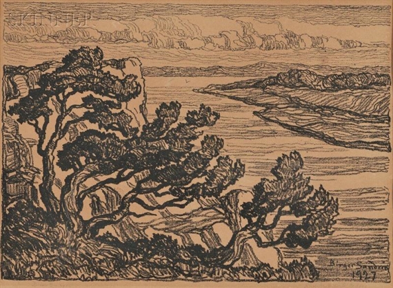 Riverbank with Cedars by Birger Sandzén, 1927