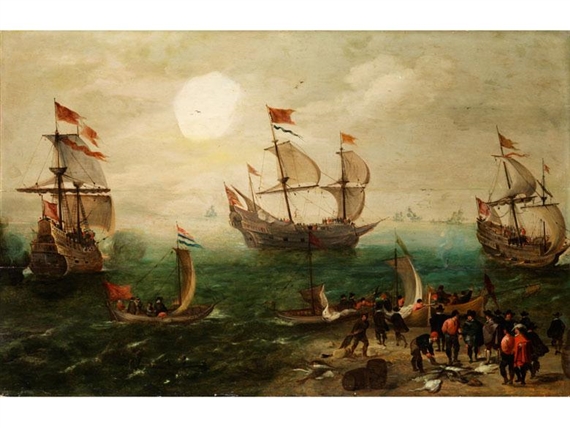 Seascape with three large sailing boats by Cornelis Verbeeck
