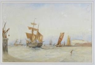 Vessels off the coast; Figures by a lighthouse by John Cuthbert Salmon