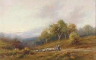 Shepherds and flock in a wooded landscape - William George Rich