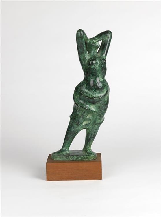 Artwork by Elizabeth Catlett, Figure, Made of Cast bronze, with a green patina