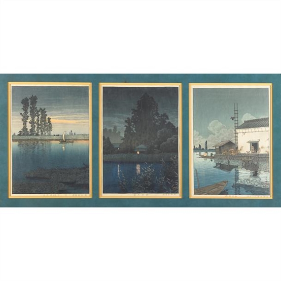 3 Works: Evening of Ushibori; Rain at Ushibori; and Rain at Omiya by Hasui Kawase