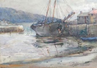 A Moored fishing boat in a Scottish harbour - H. Sengel