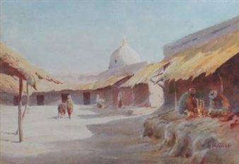 Turkish rural market square, two men in the foreground with copper coffee pots and wares, mosque in the background - I. P. Wyldeblade