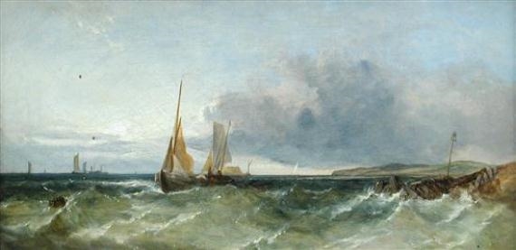 A seascape painting depicting a stormy ocean with sailing boats battling rough waves under a cloudy sky.