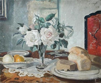 Still Life of Pink Roses, Lemons and a Loaf of Bread on a table - Alan Blyth