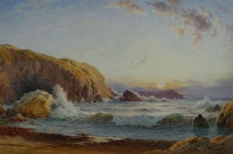 A serene coastal landscape painting featuring a rocky cliff, crashing waves, and a soft sunset sky.