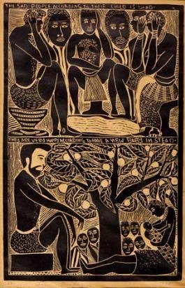 THE SAD PEOPLE ACCORDING TO THEIR CHILD IS DEAD by John Ndevasia Muafangejo, 1970
