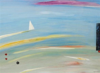 A serene seascape painting featuring a sailboat, abstract color bands, and a distant pink landmass.