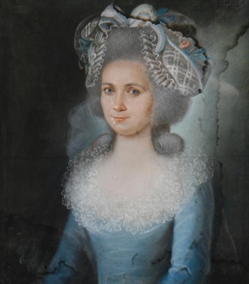 Portrait of woman wearing a lace and floral bonnet and a lace trimmed blue gown by German School, 18th Century, 18th century