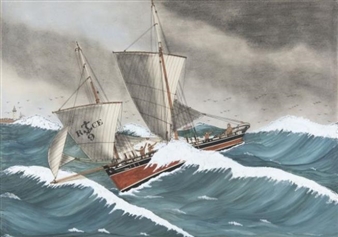 La chaloupe pilote La Marie Joseph du port de Rochefort, commandée par le patron-pilote Boudeville, donne dans le pertuis d'Antioche, par gros temps et force de toile pour dépasser les récifs des Antiochas - Paul-Emile Pajot