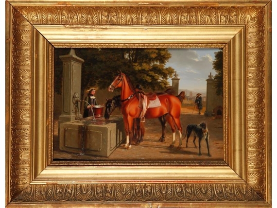 A woman beside a water fountain with two horses, a gateway and landscape beyond by Johann Jakob Biedermann, 1807