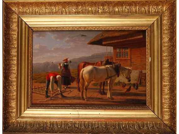 A woman and a man with two horses beside a dwelling with a mountain landscape and church beyond by Johann Jakob Biedermann, 1808