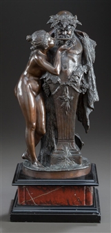 A Continental Patinated Bronze Statue of a Female Nude Offering Water to a Hybrid Male - A Sommer