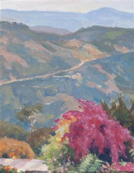 A vibrant landscape painting featuring a colorful foreground bush overlooking rolling hills.
