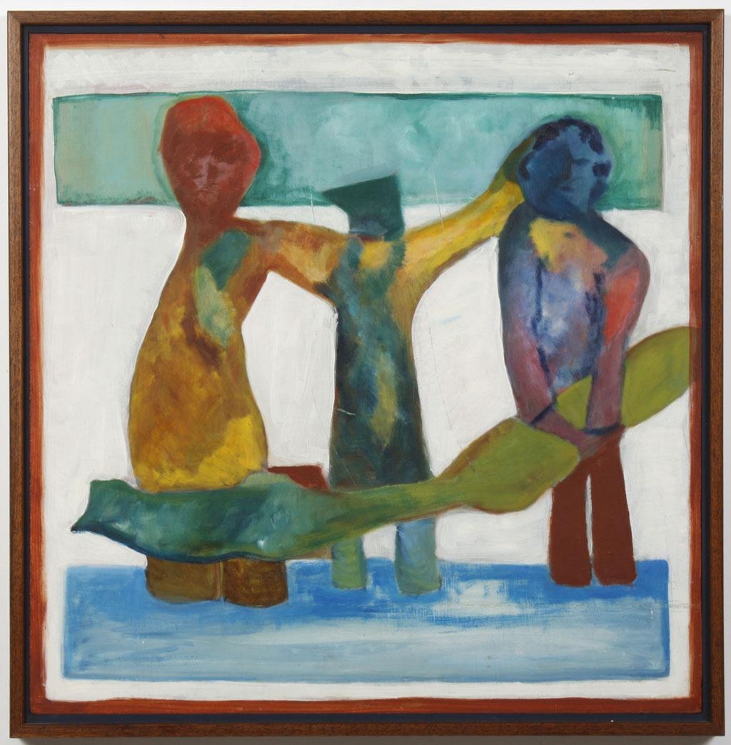 Artwork by Gerda Bennekom, three fishermen in reds, blues, and yellows, Made of Oil on board