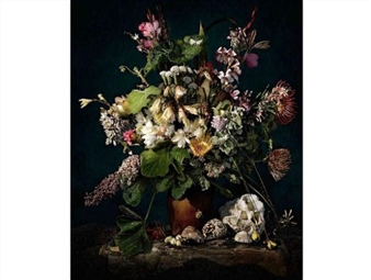 A dark, moody floral still life featuring a dense bouquet of wildflowers and scattered shells.