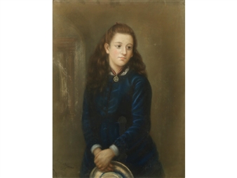 A portrait of a young woman wearing a blue coat and holding a hat - Hatel D' Argent