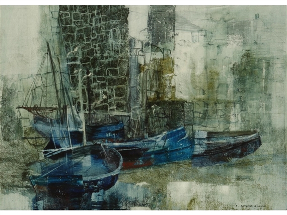 Boats by a Harbour Wall at Low Tide by Fredrich Donald Blake