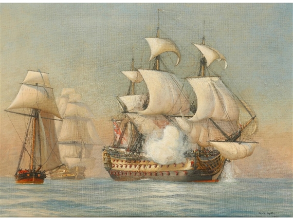 Ships-of-the-line firing a salute by Harold Wyllie, 1912