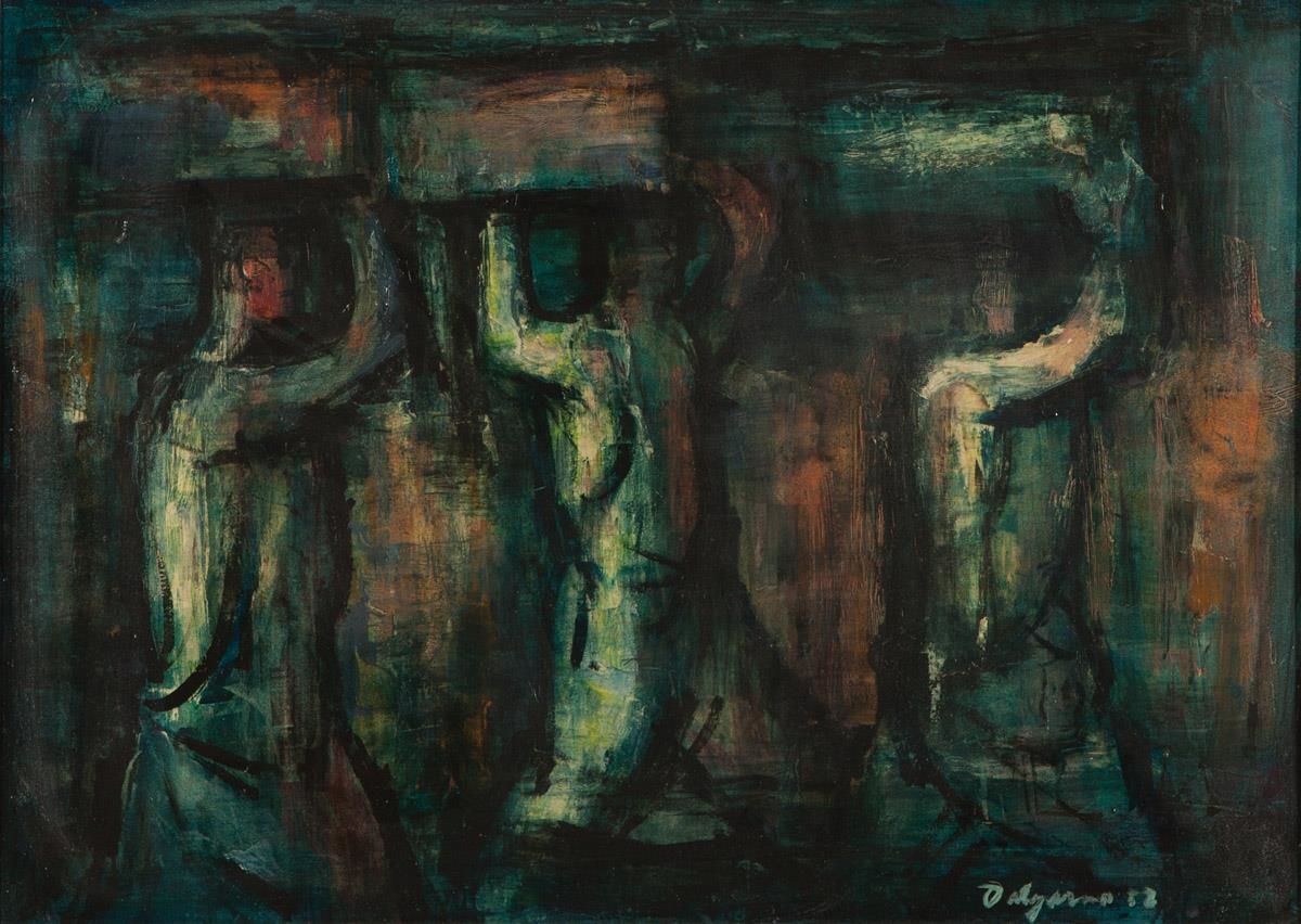 Artwork by Roy Dalgarno, NIGHT PORTERS SYDNEY MARKETS, Made of Oil on hardboard