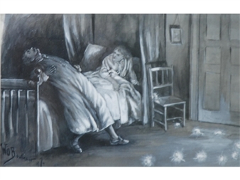 Illustrative study of figures in a bedroom, he sleep walking with imagined mice before him, his wire reassuring him that it is but a dream - W.O. Bowman