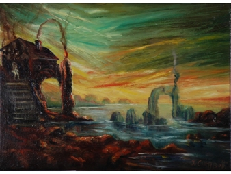 Coastal scene with figure on the steps to a house - J. Carabutt