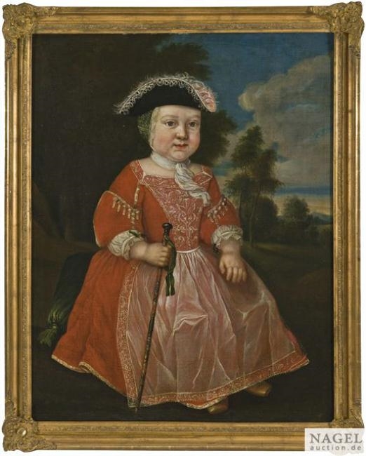 Artwork by German School, 18th Century, Portrait of a Little Girl Wearing a Red Dress with Lace Trimming and a Dark Cocked Hat in Front of a Landscape, Made of Oil on canvas