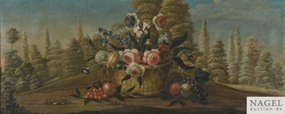 Flower and Fruit Still Life in Front of a Landscape Sopraporta