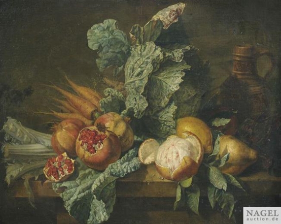 Still Life with Cabbage, Carrots, Pomegranate, Lemons and a Rhenish Stoneware Jar on a Pedestal
