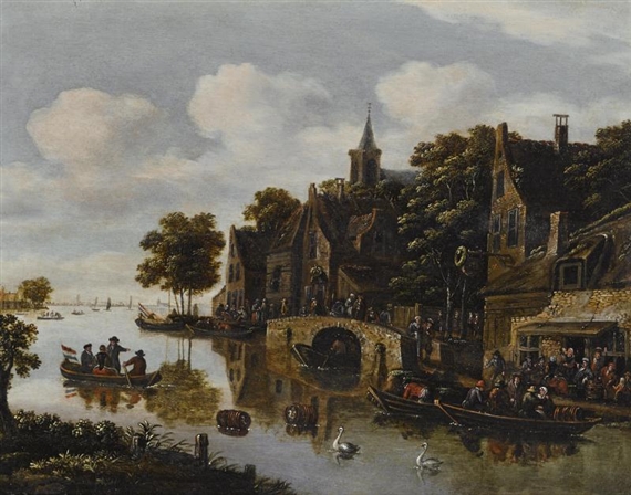 A river landscape with a village in the foreground and figures drinking outside an inn by Eise Aetes Ruytenbach