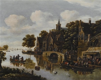 A river landscape with a village in the foreground and figures drinking outside an inn - Eise Aetes Ruytenbach