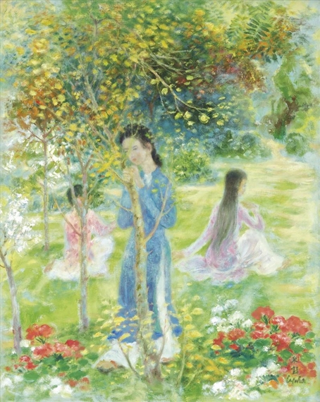 THREE LADIES IN A GARDEN
