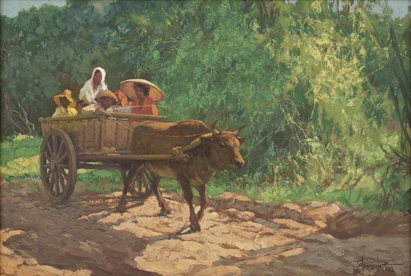 Artwork by Fernando Amorsolo, BULLOCK CART, Made of Oil on board