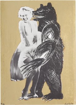 A surreal black-and-white print of a smiling woman dancing with a large bear against a gold background.