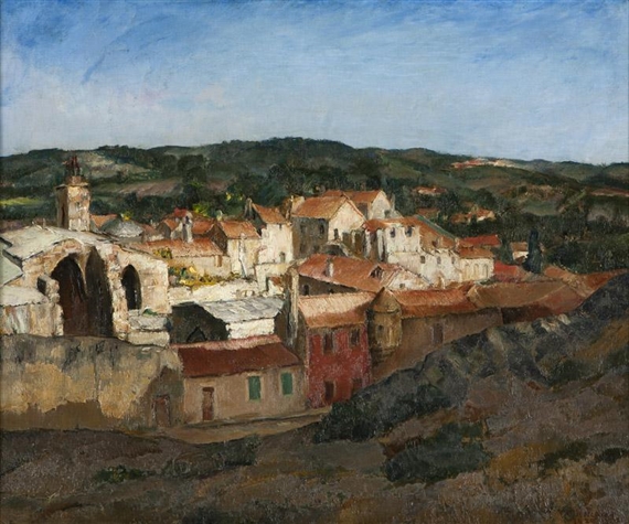 French village scene by Kamesuke Hiraga, 1929