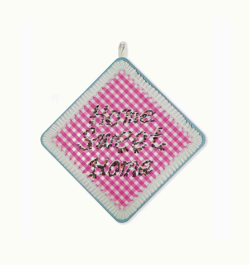 Artwork by Farhad Moshiri, Home Sweet Home, Made of acrylic, phosphor powder colours with dissolving medium, canvas, acrylic glue and 314 knives on canvas laid down on panel, silk tie and metallic paint on wooden hook