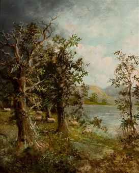 SHEEP GRAZING BY A HIGHLAND LOCH - Thomas Sayer