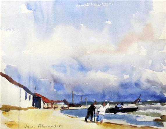 Beach scenes with figures by Jean Dryden Alexander