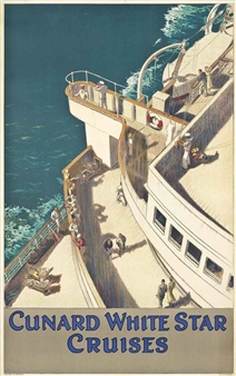A vintage travel poster depicting a grand ocean liner with passengers on deck against a deep blue sea.