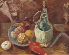 STILL LIFE WITH CHIANTI BOTTLE, FRUIT BOWL AND OCARINA by George Grosz, January 1938
