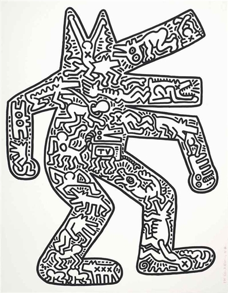 A black-and-white line drawing of a stylized, multi-limbed figure filled with dense doodles.