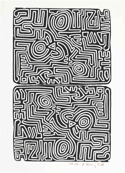 A black-and-white graphic print featuring two rectangular panels filled with dense, maze-like line work and abstract geometric shapes.