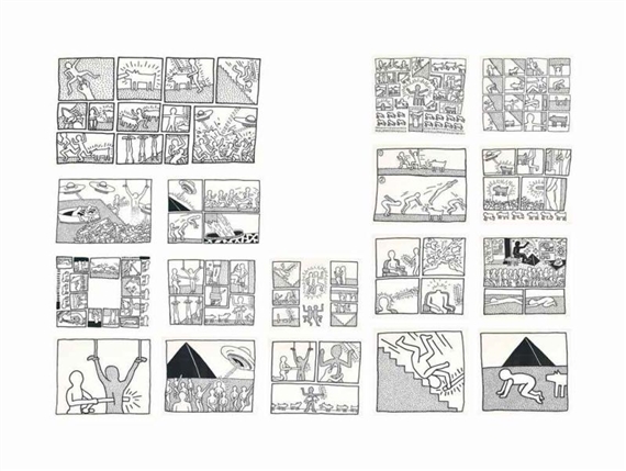 A black-and-white comic strip collection featuring various scenes of figures, landscapes, and abstract shapes.