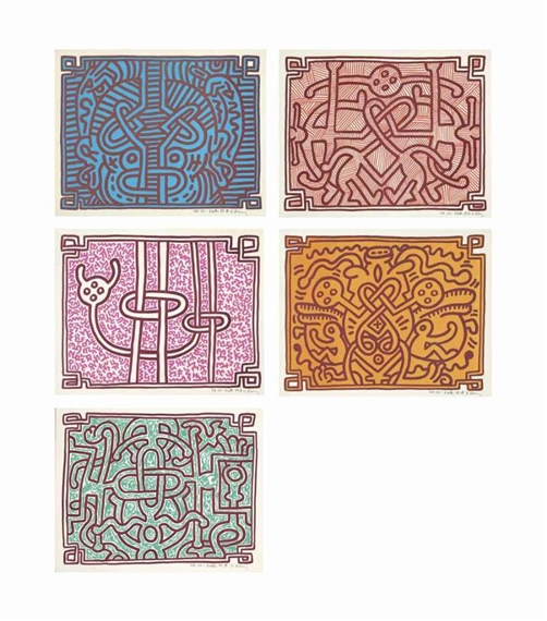 A collection of five colorful square prints featuring intricate line work and abstract figures.